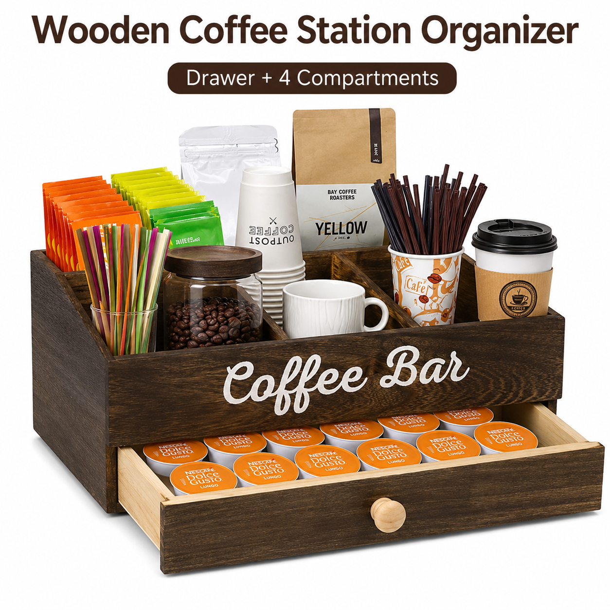 Coffee Tea Drawer Organizer - QA Rustic Wooden Coffee Bar Organizer