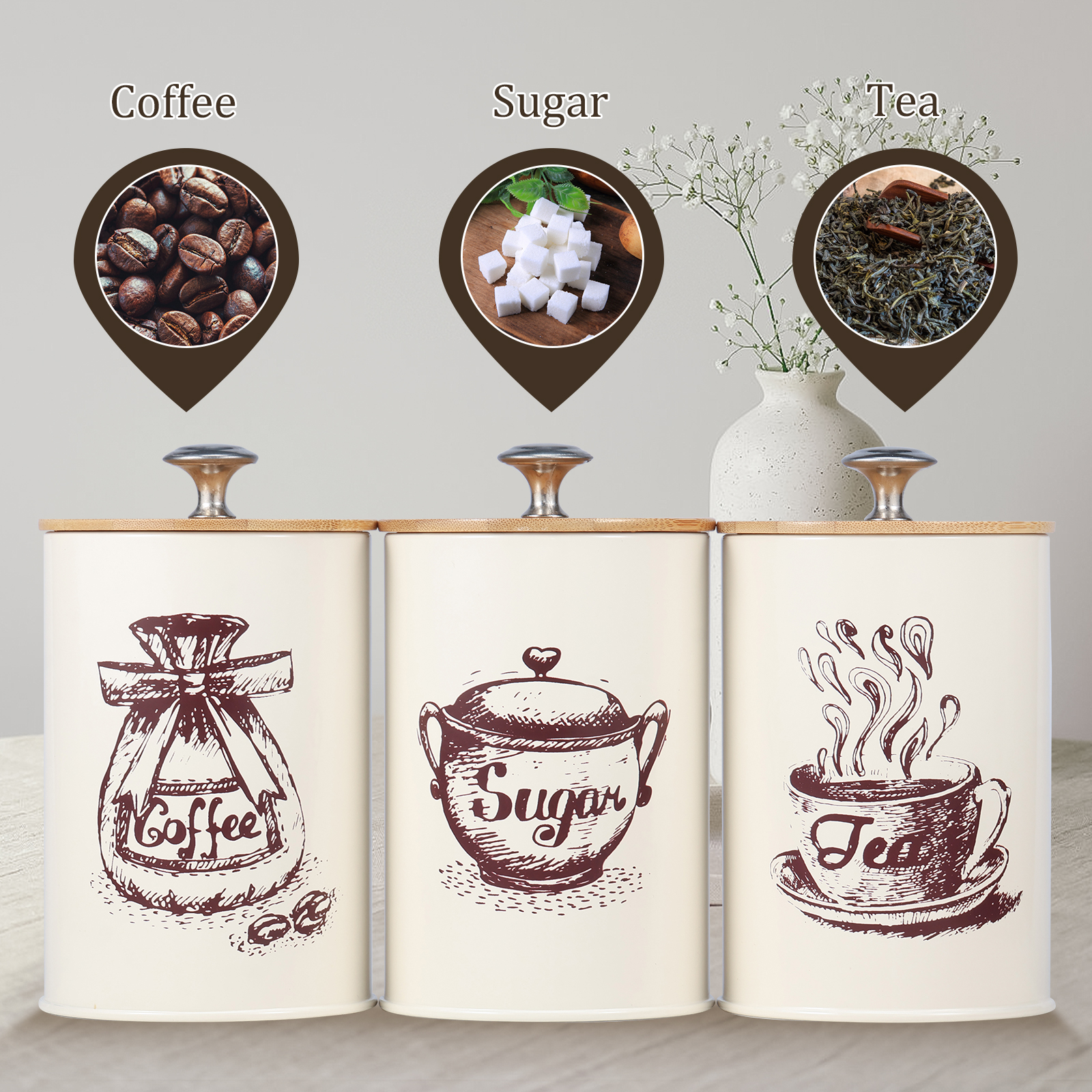 3Pcs Kitchen Storage Box Metal - Coffee Tea And Sugar Canister Set ulasan dan harga