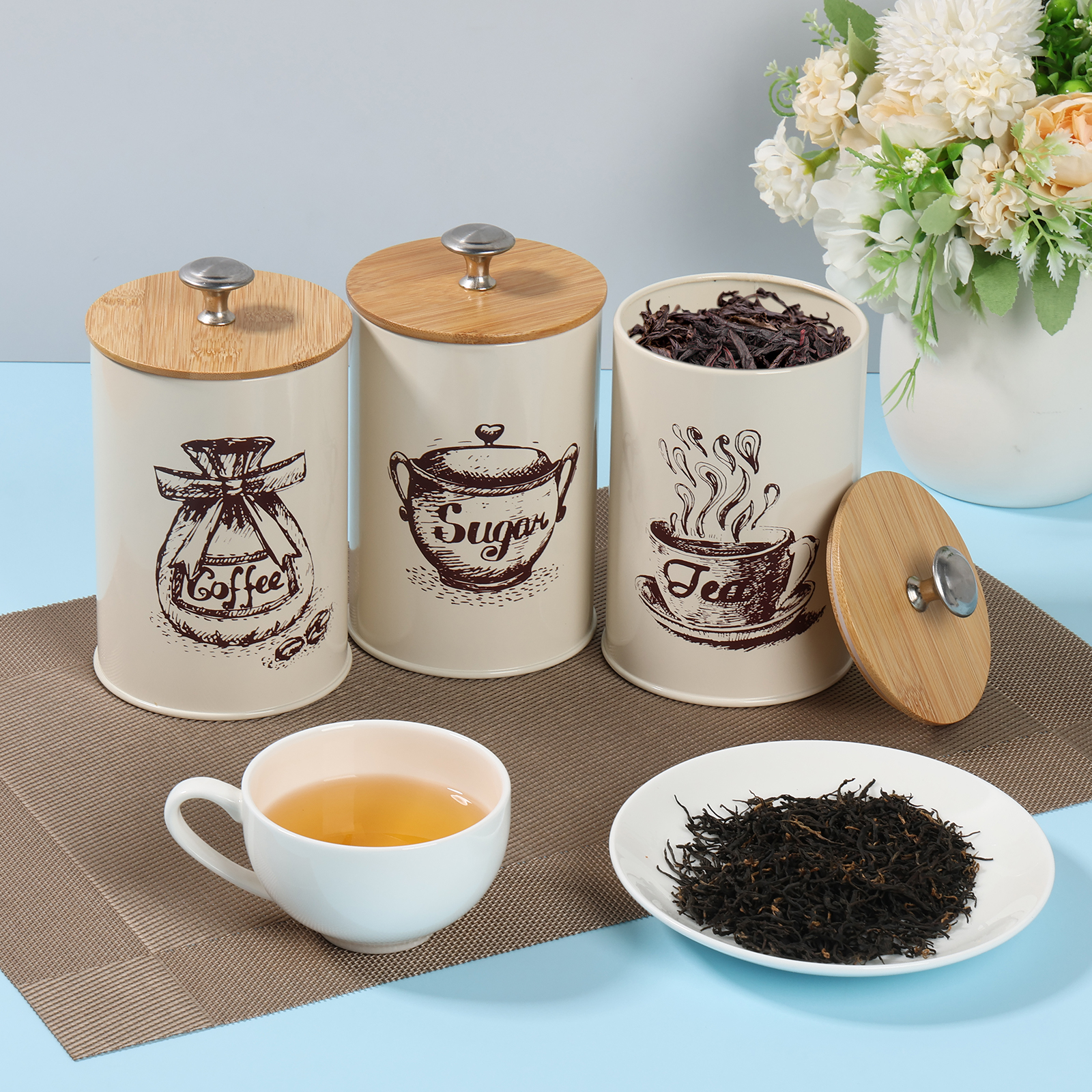 3Pcs Kitchen Storage Box Metal - Coffee Tea And Sugar Canister Set ulasan dan harga