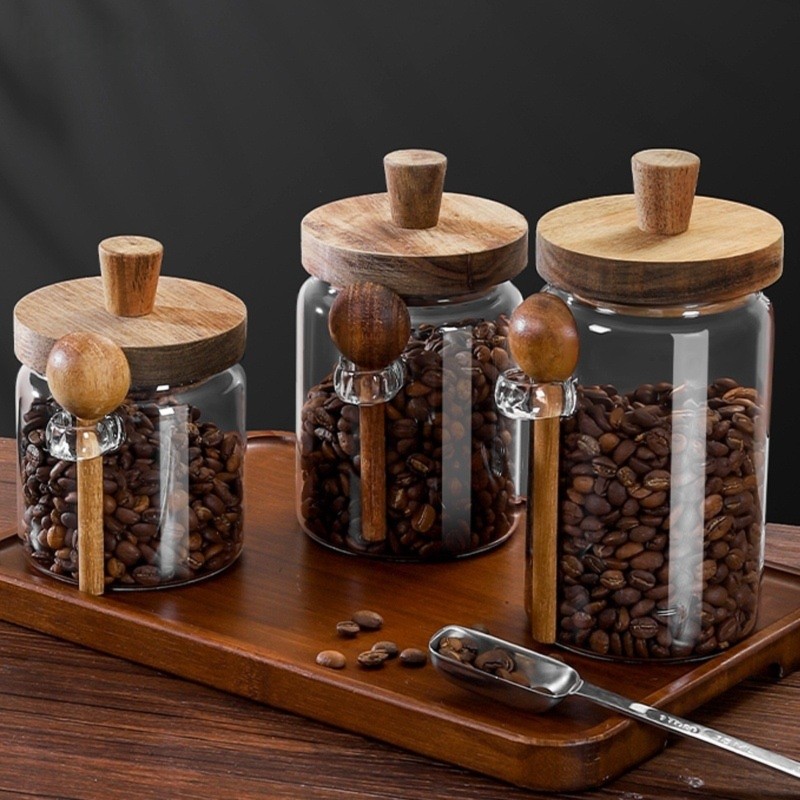 ABJI-Glass Jar With Wooden Lid - Coffee Tea And Sugar Canister Set ulasan dan harga