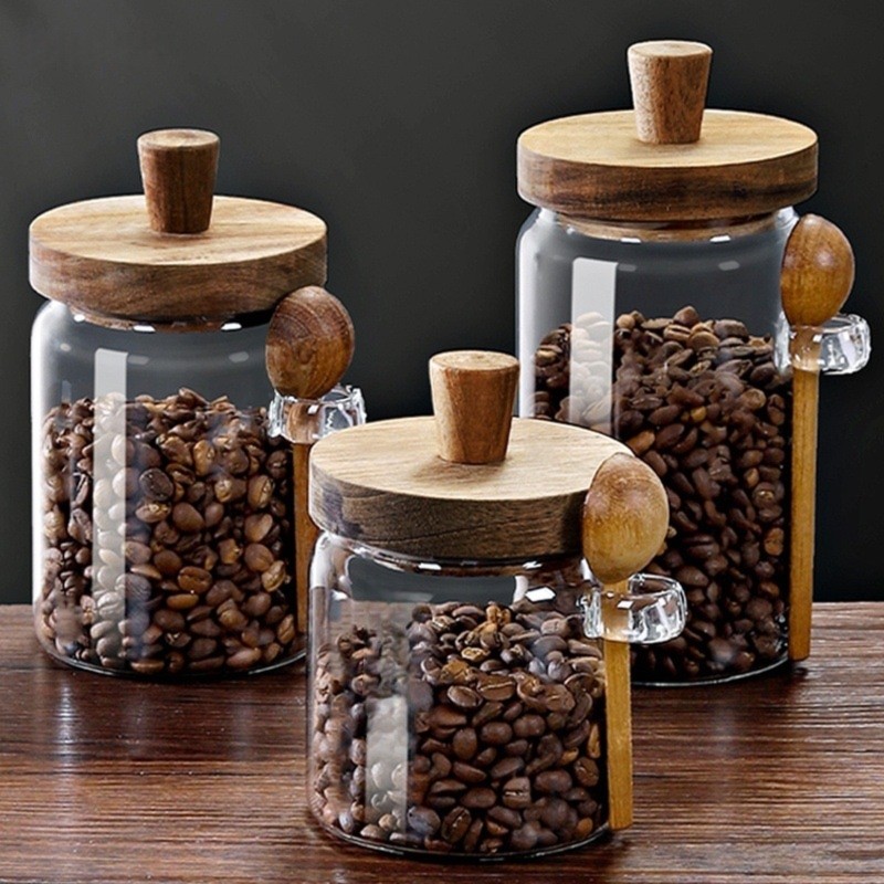 ABJI-Glass Jar With Wooden Lid - Coffee Tea And Sugar Canister Set ulasan dan harga