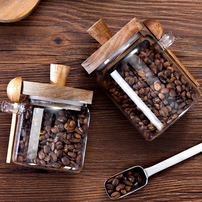 ABJI-Glass Jar With Wooden Lid - Coffee Tea And Sugar Canister Set ulasan dan harga