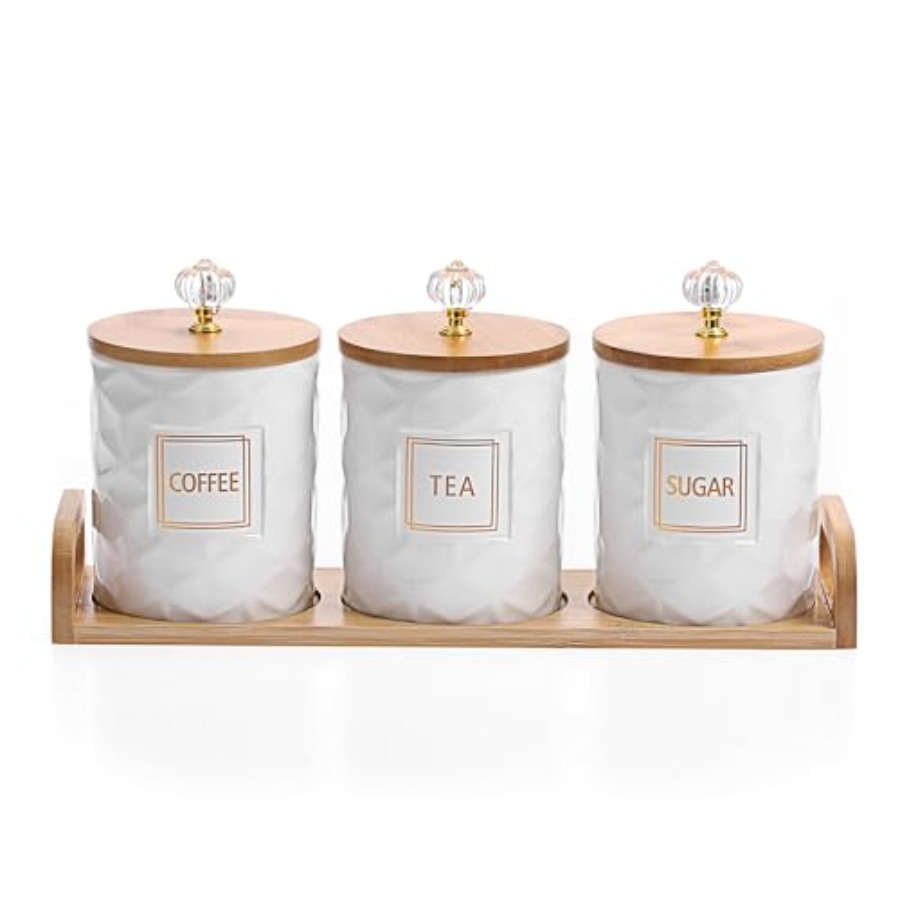 Set of 3 Ceramic Canisters Set - Coffee Tea And Sugar Canister Set ulasan dan harga