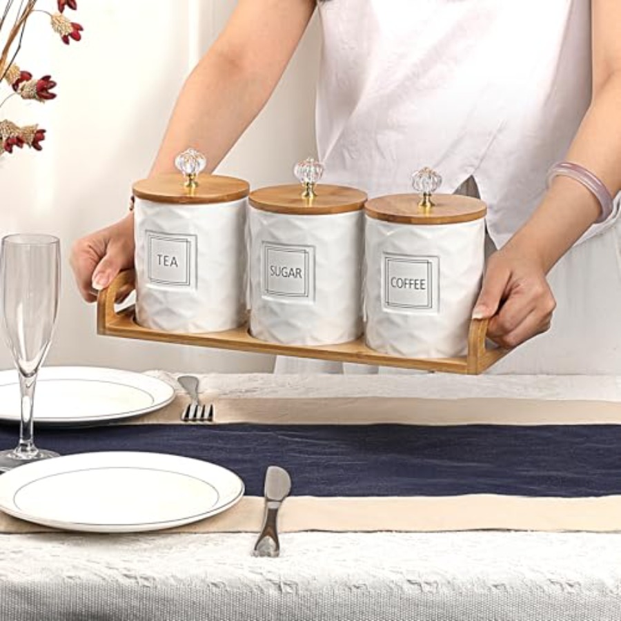 Set of 3 Ceramic Canisters Set - Coffee Tea And Sugar Canister Set ulasan dan harga