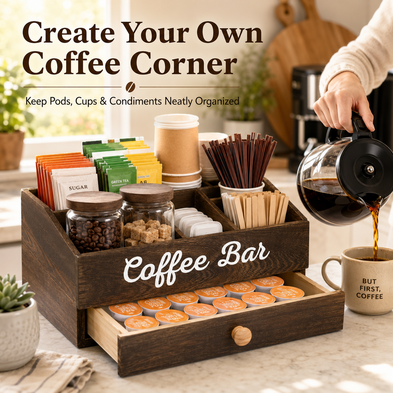 QA Rustic Wooden Coffee Bar Or - Coffee Tea Drawer Organizer ulasan dan harga