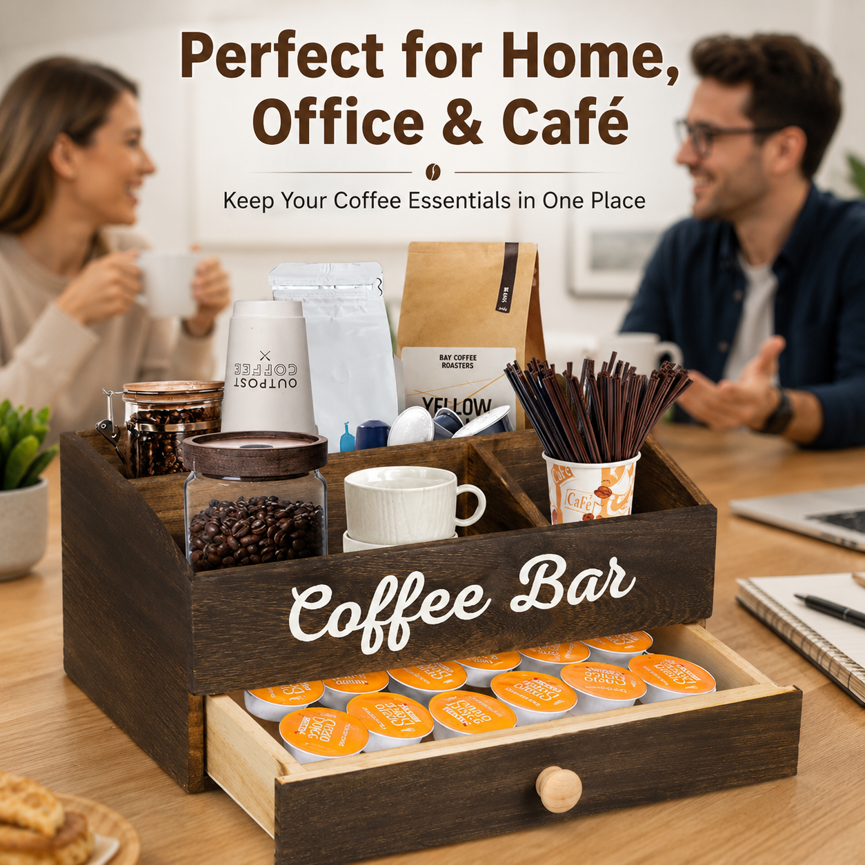 QA Rustic Wooden Coffee Bar Or - Coffee Tea Drawer Organizer ulasan dan harga