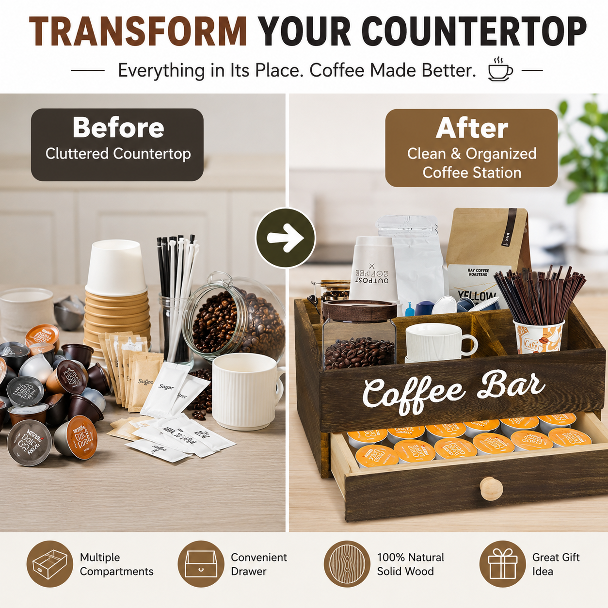 QA Rustic Wooden Coffee Bar Or - Coffee Tea Drawer Organizer ulasan dan harga